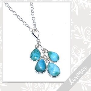 Larimar Eclectic Silver Artisan Lariat Tassel Necklace 18” Turquoise / Aqua Blue